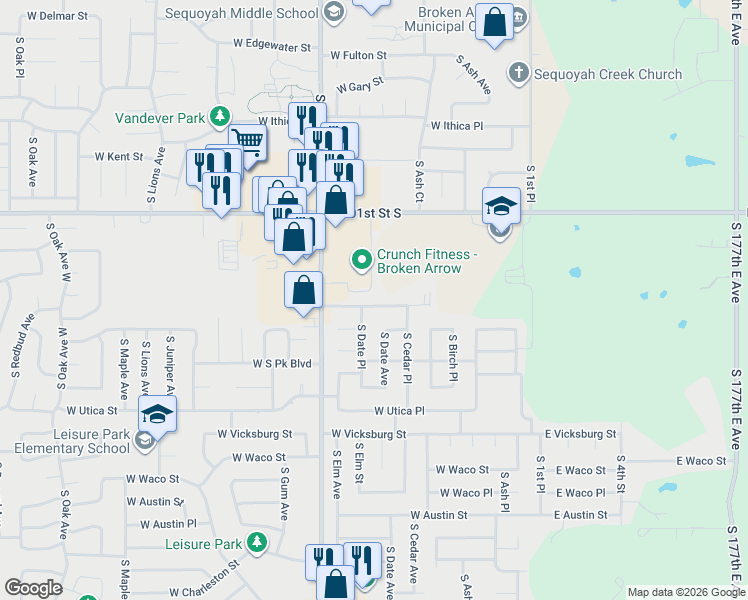 map of restaurants, bars, coffee shops, grocery stores, and more near 404 West Quantico Street in Broken Arrow