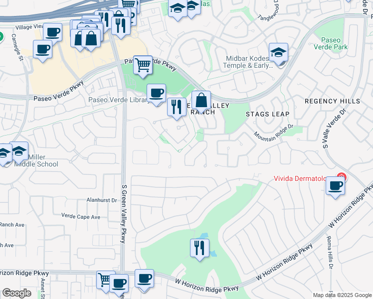 map of restaurants, bars, coffee shops, grocery stores, and more near 2066 Jupiter Hills Lane in Henderson