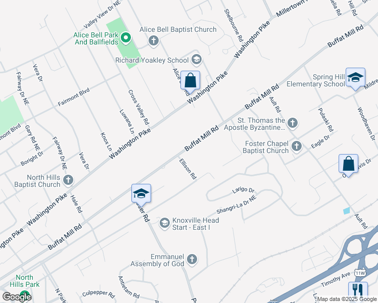 map of restaurants, bars, coffee shops, grocery stores, and more near 3820 Buffat Mill Road in Knoxville