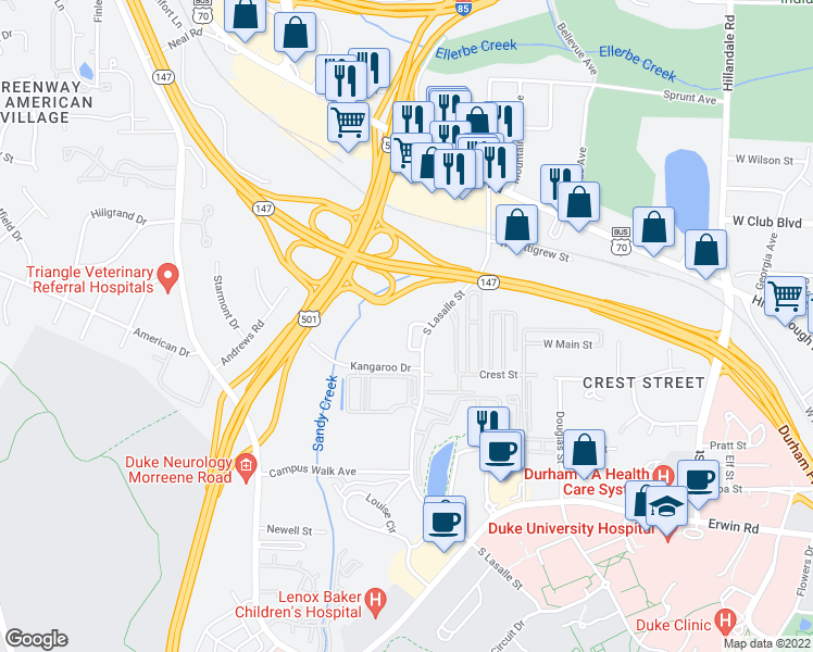 map of restaurants, bars, coffee shops, grocery stores, and more near 130 Blue Crest Lane in Durham