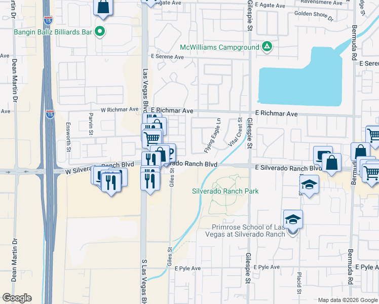 map of restaurants, bars, coffee shops, grocery stores, and more near 9679 Withering Pine Street in Las Vegas