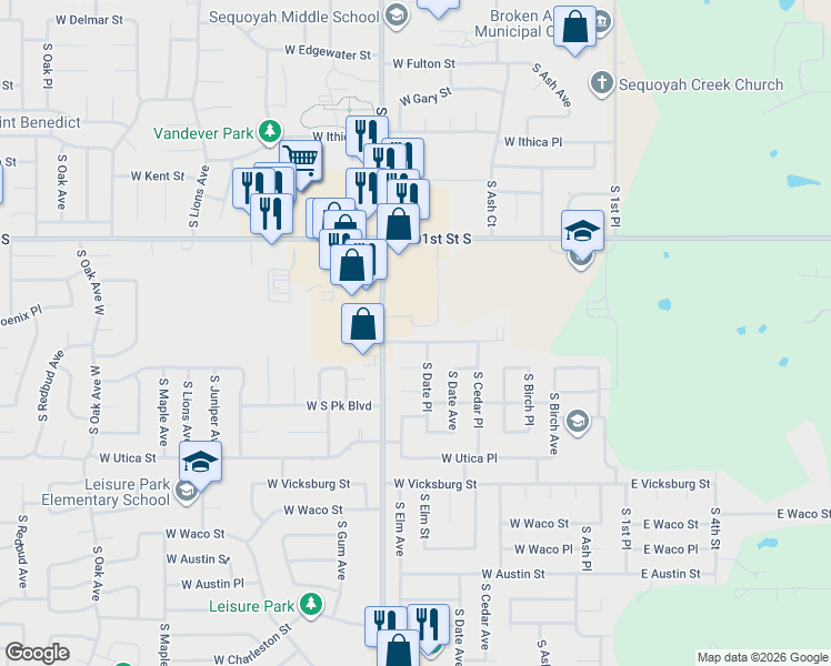 map of restaurants, bars, coffee shops, grocery stores, and more near 508 West Quantico Street in Broken Arrow