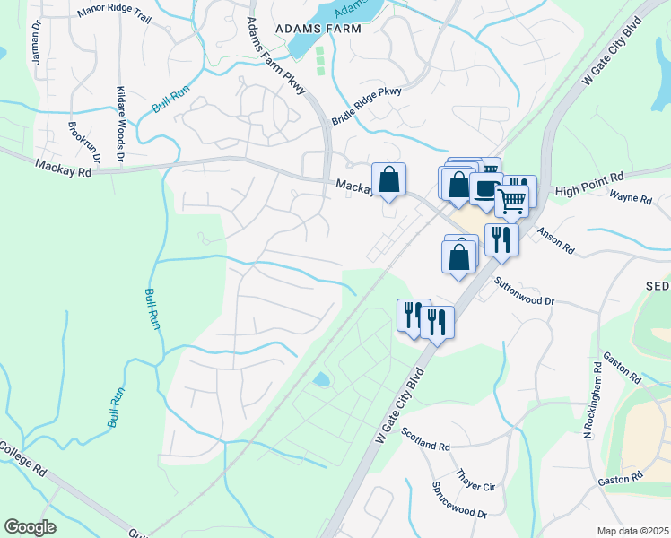 map of restaurants, bars, coffee shops, grocery stores, and more near 5503 Pebble Garden Court in Greensboro