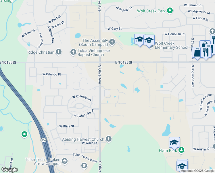 map of restaurants, bars, coffee shops, grocery stores, and more near 5935 South 129th East Avenue in Broken Arrow