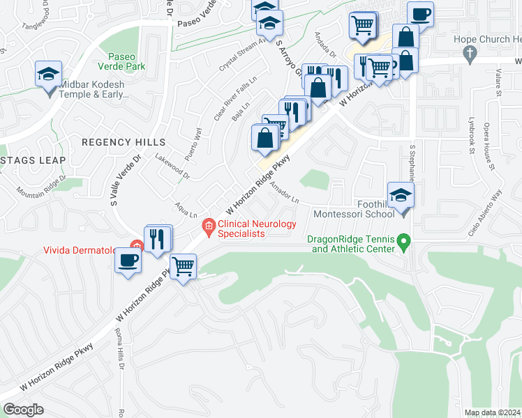 map of restaurants, bars, coffee shops, grocery stores, and more near 1629 Orange Daisy Place in Henderson