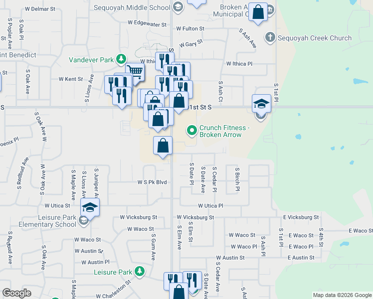 map of restaurants, bars, coffee shops, grocery stores, and more near 508 W Quantico St in Broken Arrow
