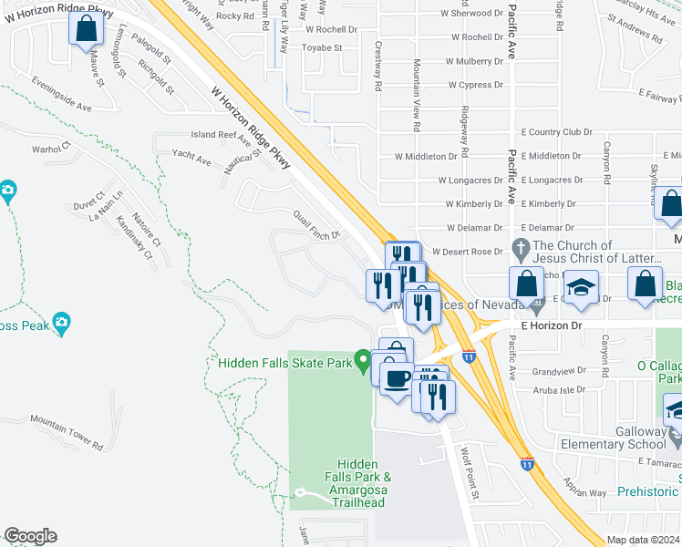 map of restaurants, bars, coffee shops, grocery stores, and more near 231 West Horizon Ridge Parkway in Henderson