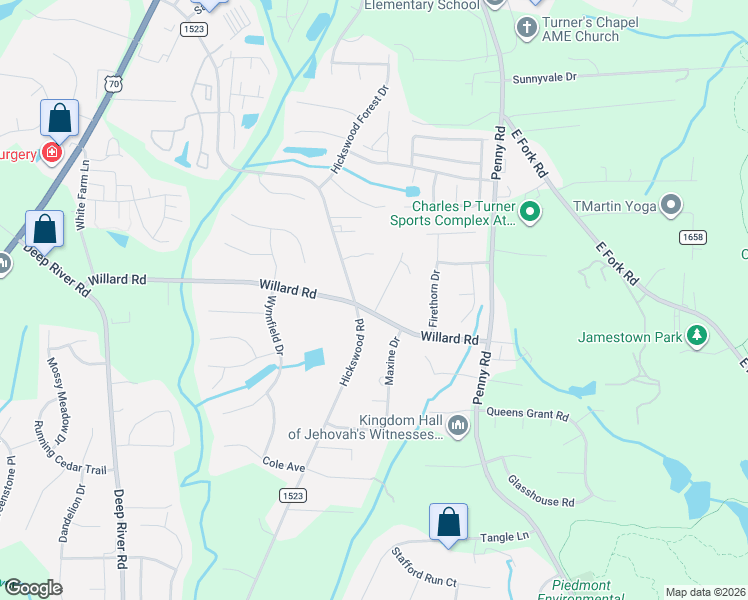 map of restaurants, bars, coffee shops, grocery stores, and more near 2601 Willard Road in High Point