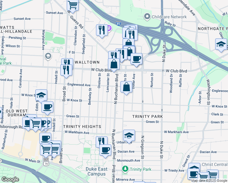 map of restaurants, bars, coffee shops, grocery stores, and more near 1017 North Buchanan Boulevard in Durham