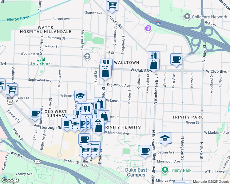 map of restaurants, bars, coffee shops, grocery stores, and more near 1018 Clarendon Street in Durham