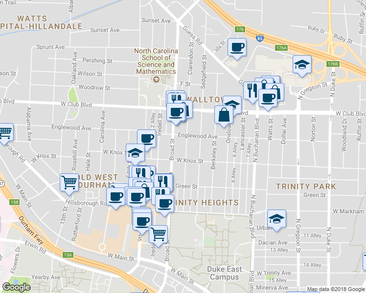 map of restaurants, bars, coffee shops, grocery stores, and more near 1018 Clarendon Street in Durham