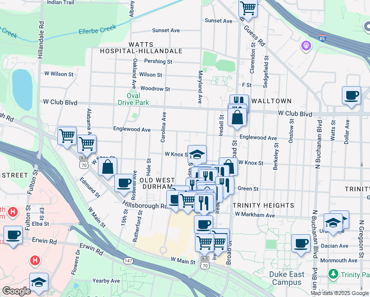 map of restaurants, bars, coffee shops, grocery stores, and more near 1012 Virgie Street in Durham