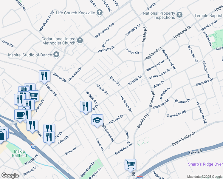 map of restaurants, bars, coffee shops, grocery stores, and more near 4829 Maple Sunset Way in Knoxville