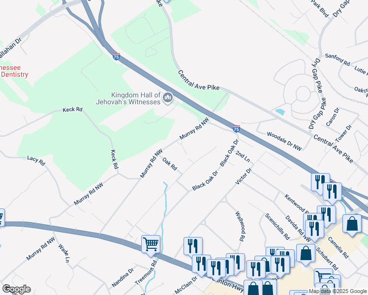 map of restaurants, bars, coffee shops, grocery stores, and more near 346 Murray Road Northwest in Knoxville