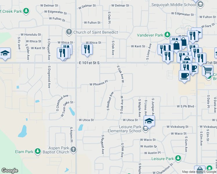 map of restaurants, bars, coffee shops, grocery stores, and more near 1601 West Phoenix Place in Broken Arrow