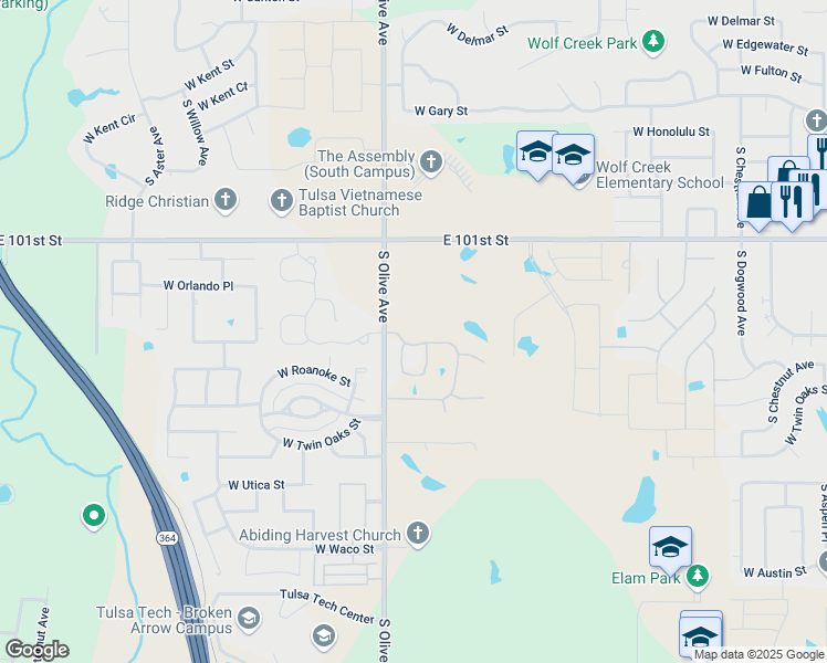 map of restaurants, bars, coffee shops, grocery stores, and more near 5935 South 129th East Avenue in Broken Arrow