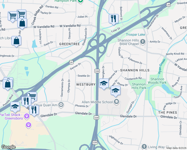 map of restaurants, bars, coffee shops, grocery stores, and more near 4115 Tulsa Drive in Greensboro