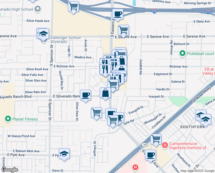 map of restaurants, bars, coffee shops, grocery stores, and more near 2300 East Silverado Ranch Boulevard in Las Vegas