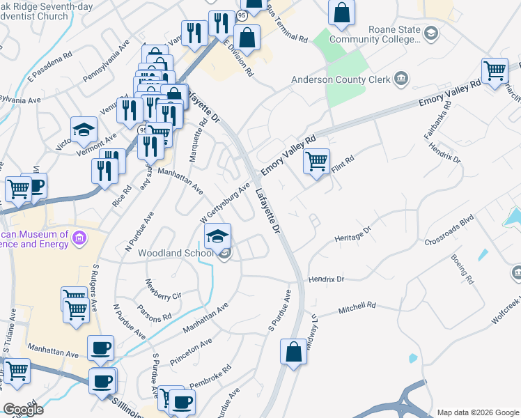 map of restaurants, bars, coffee shops, grocery stores, and more near 107 Goucher Circle in Oak Ridge