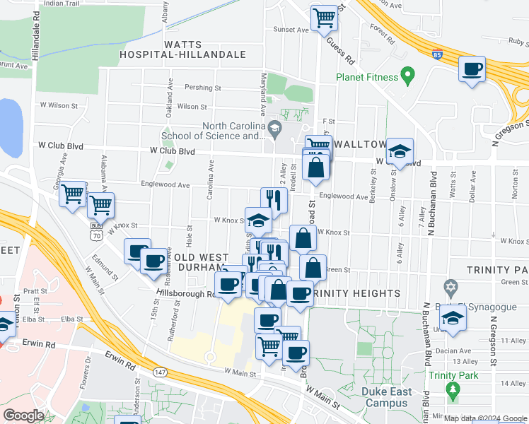 map of restaurants, bars, coffee shops, grocery stores, and more near 1007 9th Street in Durham