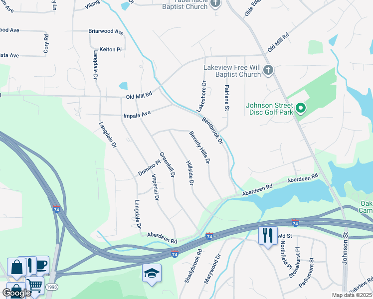 map of restaurants, bars, coffee shops, grocery stores, and more near 3436 Hillside Drive in High Point