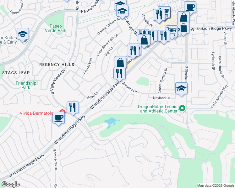 map of restaurants, bars, coffee shops, grocery stores, and more near 1633 Orange Daisy Place in Henderson