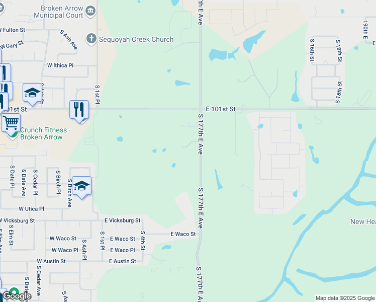 map of restaurants, bars, coffee shops, grocery stores, and more near 10308 South Lynn Lane Road in Broken Arrow