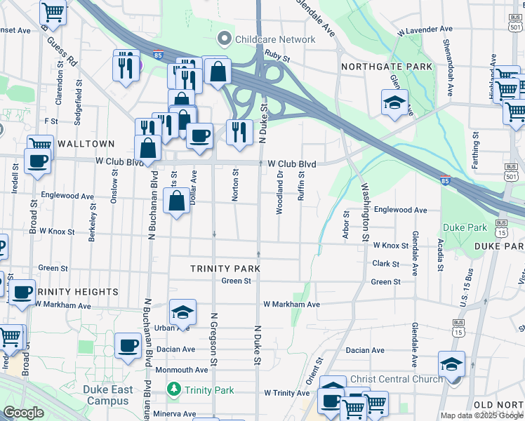 map of restaurants, bars, coffee shops, grocery stores, and more near 1422 North Duke Street in Durham