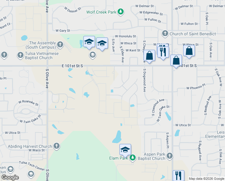 map of restaurants, bars, coffee shops, grocery stores, and more near 3739 South Fir Boulevard in Broken Arrow