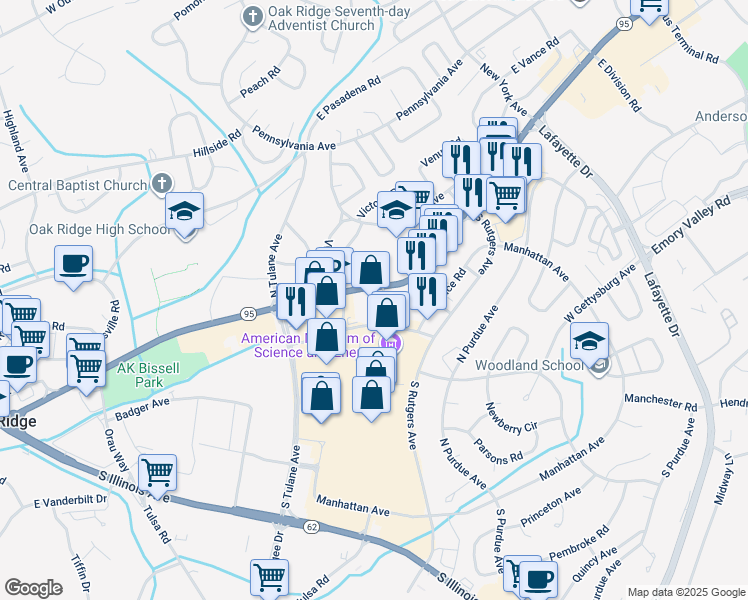 map of restaurants, bars, coffee shops, grocery stores, and more near 1299 Oak Ridge Turnpike in Oak Ridge