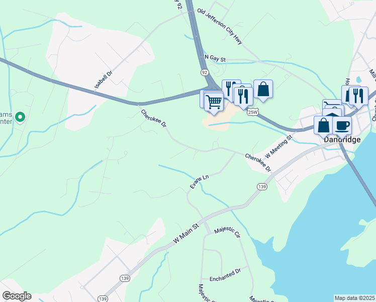 map of restaurants, bars, coffee shops, grocery stores, and more near 737-815 Cherokee Drive in Dandridge