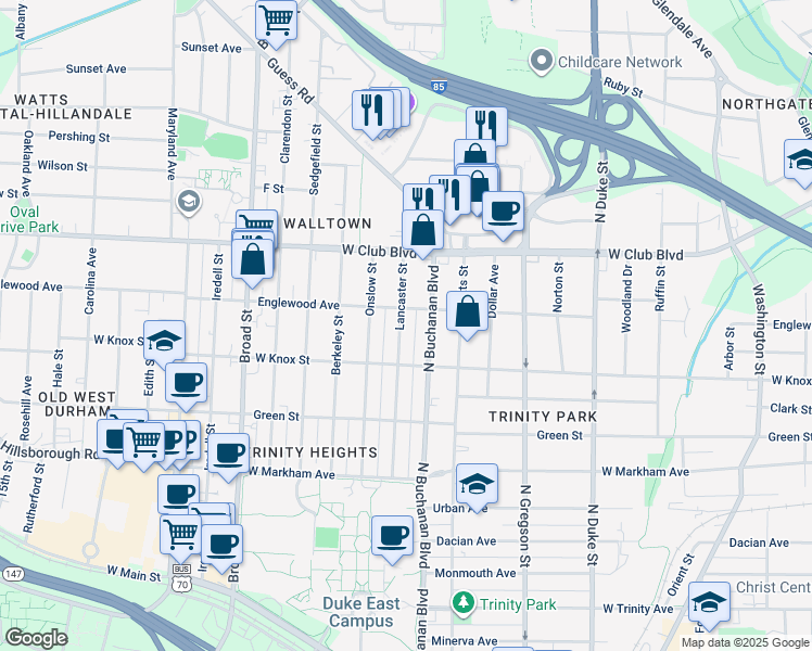 map of restaurants, bars, coffee shops, grocery stores, and more near 1016 Lancaster Street in Durham
