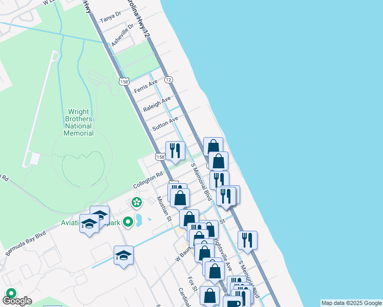 map of restaurants, bars, coffee shops, grocery stores, and more near 103 North Memorial Boulevard in Kill Devil Hills