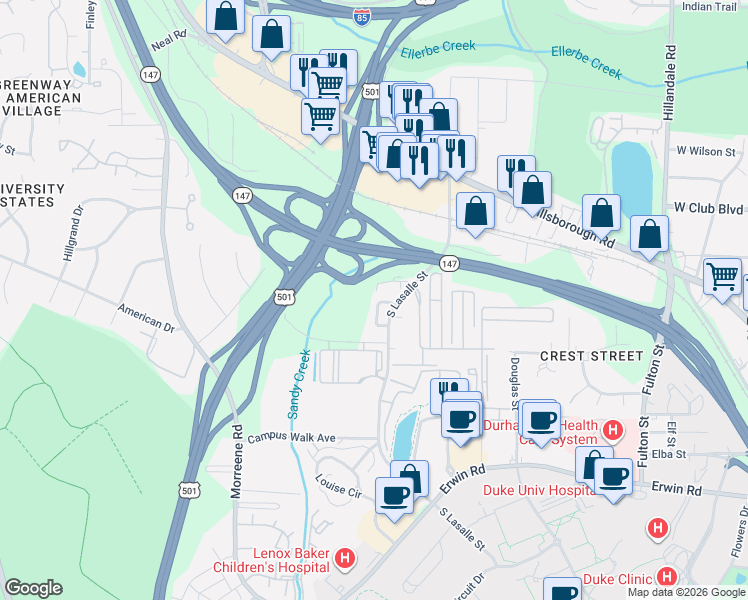 map of restaurants, bars, coffee shops, grocery stores, and more near 130 Blue Crest Lane in Durham