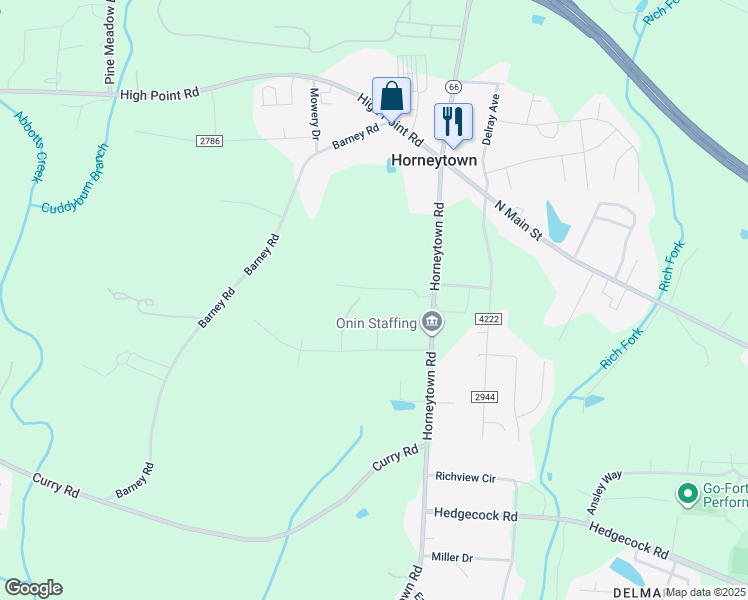 map of restaurants, bars, coffee shops, grocery stores, and more near 7690 Horneytown Court in High Point