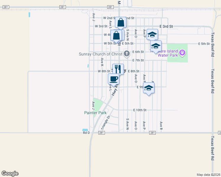 map of restaurants, bars, coffee shops, grocery stores, and more near 912 Avenue L in Sunray