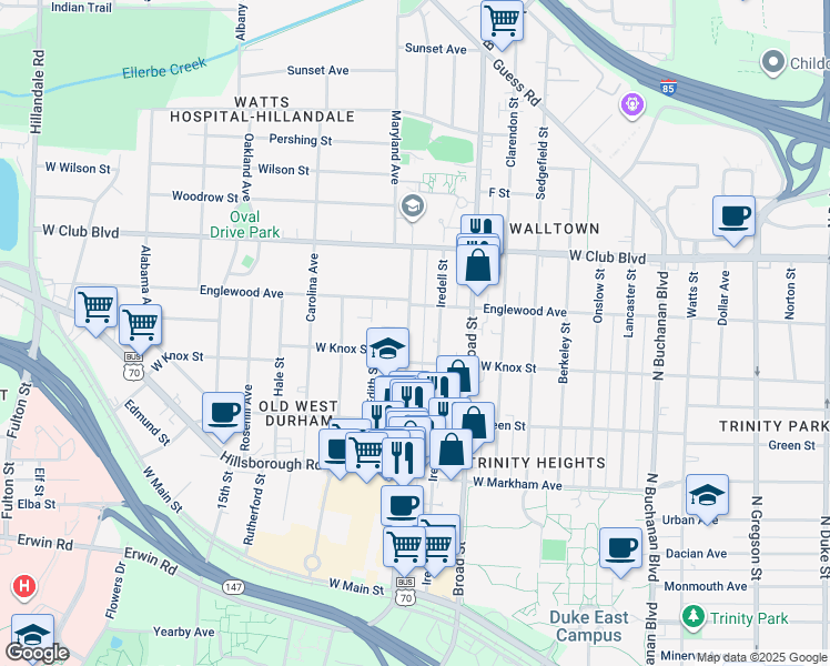 map of restaurants, bars, coffee shops, grocery stores, and more near 1012 9th Street in Durham