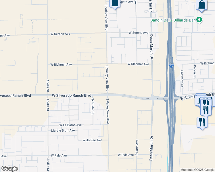 map of restaurants, bars, coffee shops, grocery stores, and more near 9645 South Valley View Boulevard in Las Vegas