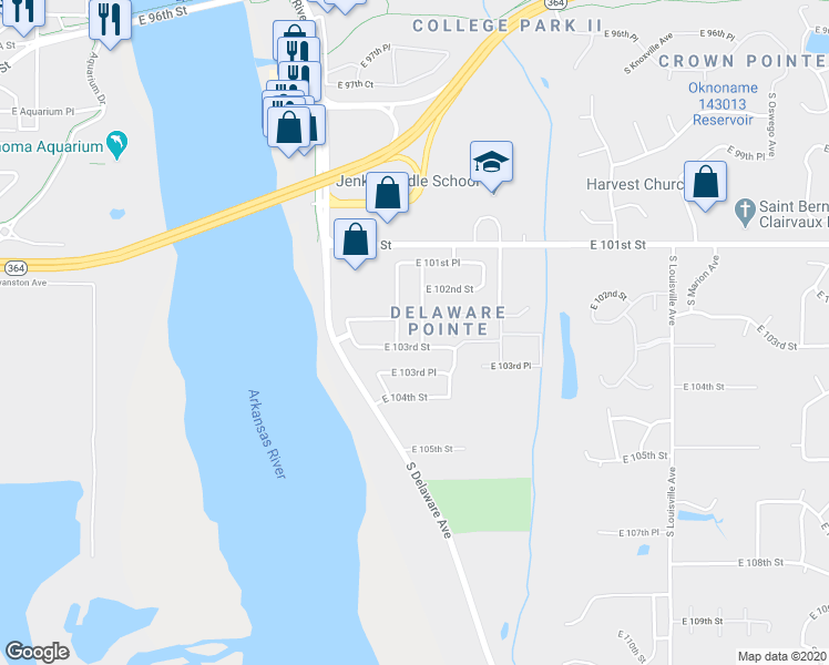map of restaurants, bars, coffee shops, grocery stores, and more near 10232 South Evanston Place in Tulsa