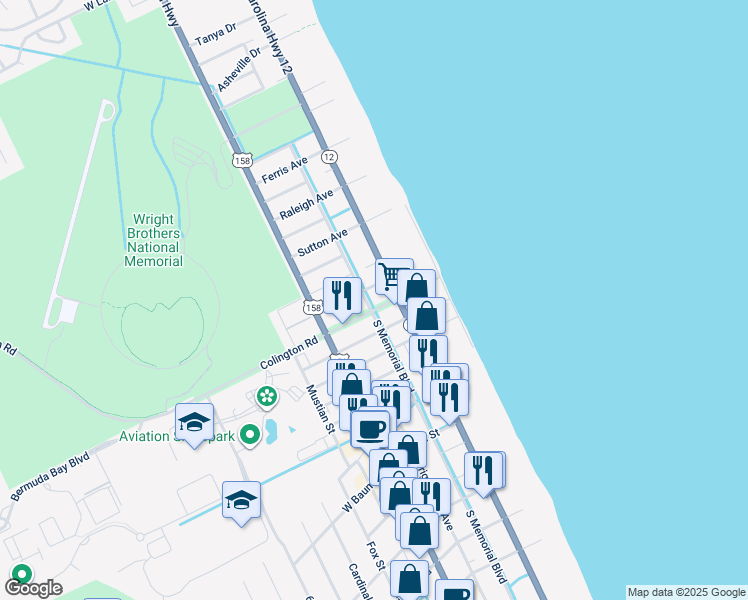 map of restaurants, bars, coffee shops, grocery stores, and more near 103 North Memorial Boulevard in Kill Devil Hills