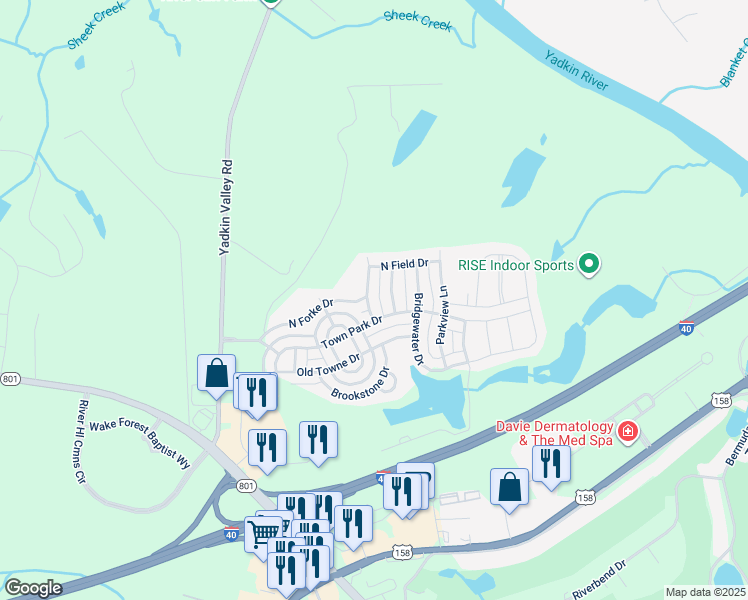 map of restaurants, bars, coffee shops, grocery stores, and more near 120 Rosewalk Lane in Advance