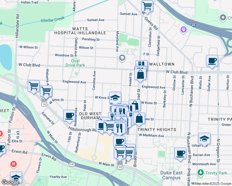 map of restaurants, bars, coffee shops, grocery stores, and more near 1011 9th Street in Durham