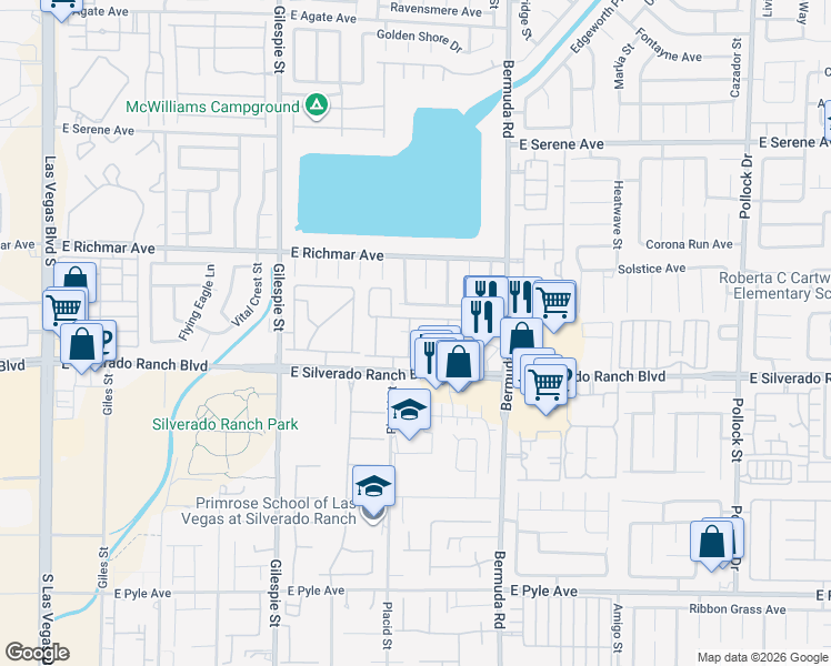 map of restaurants, bars, coffee shops, grocery stores, and more near 304 East Silverado Ranch Boulevard in Las Vegas