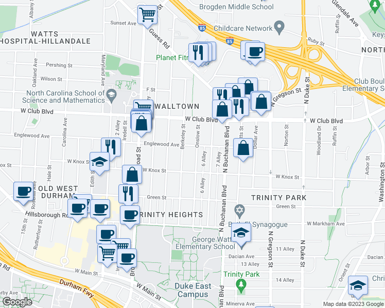 map of restaurants, bars, coffee shops, grocery stores, and more near 1023 Onslow Street in Durham