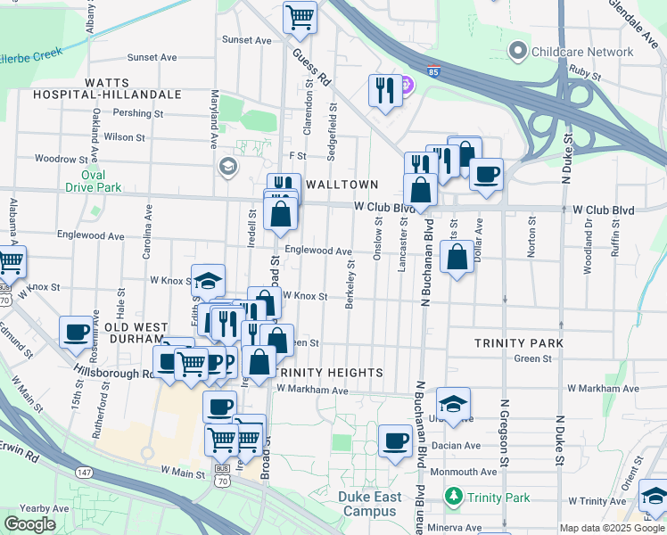 map of restaurants, bars, coffee shops, grocery stores, and more near 1024 Sedgefield Street in Durham