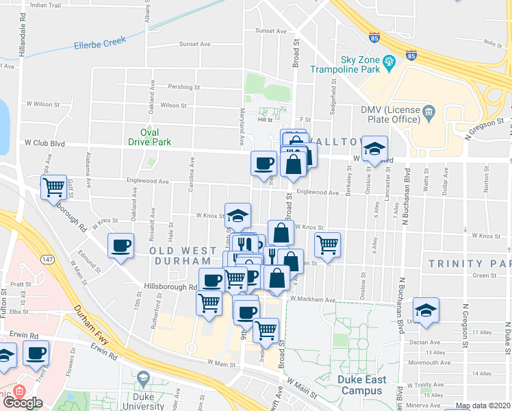 map of restaurants, bars, coffee shops, grocery stores, and more near 1019 Iredell Street in Durham