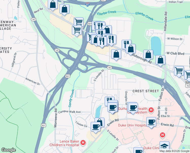 map of restaurants, bars, coffee shops, grocery stores, and more near 200 South Lasalle Street in Durham