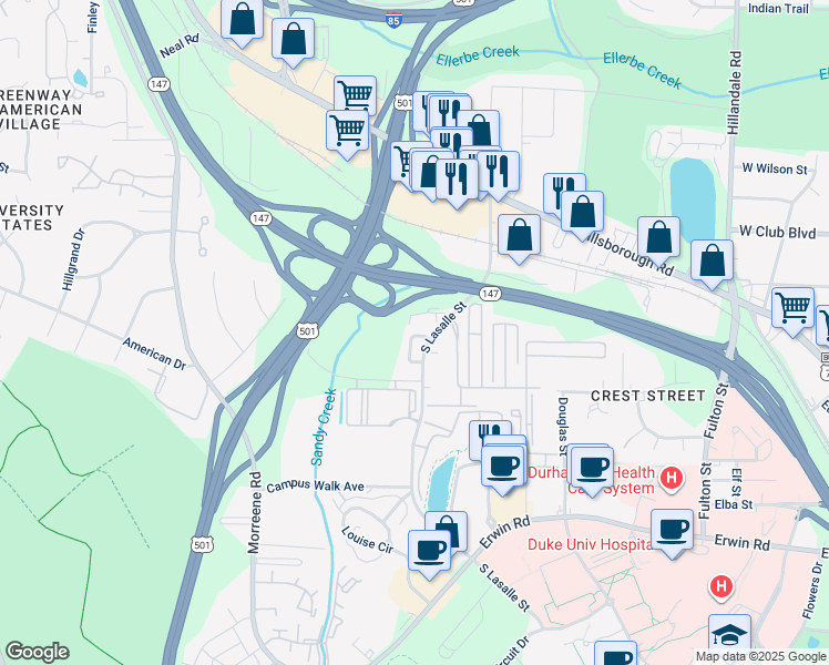map of restaurants, bars, coffee shops, grocery stores, and more near 200 South Lasalle Street in Durham