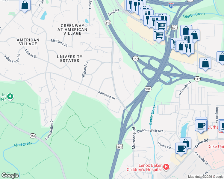 map of restaurants, bars, coffee shops, grocery stores, and more near 3921 Linden Terrace in Durham