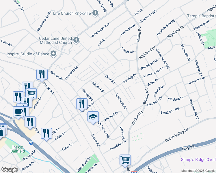 map of restaurants, bars, coffee shops, grocery stores, and more near 4807 Elder Road in Knoxville